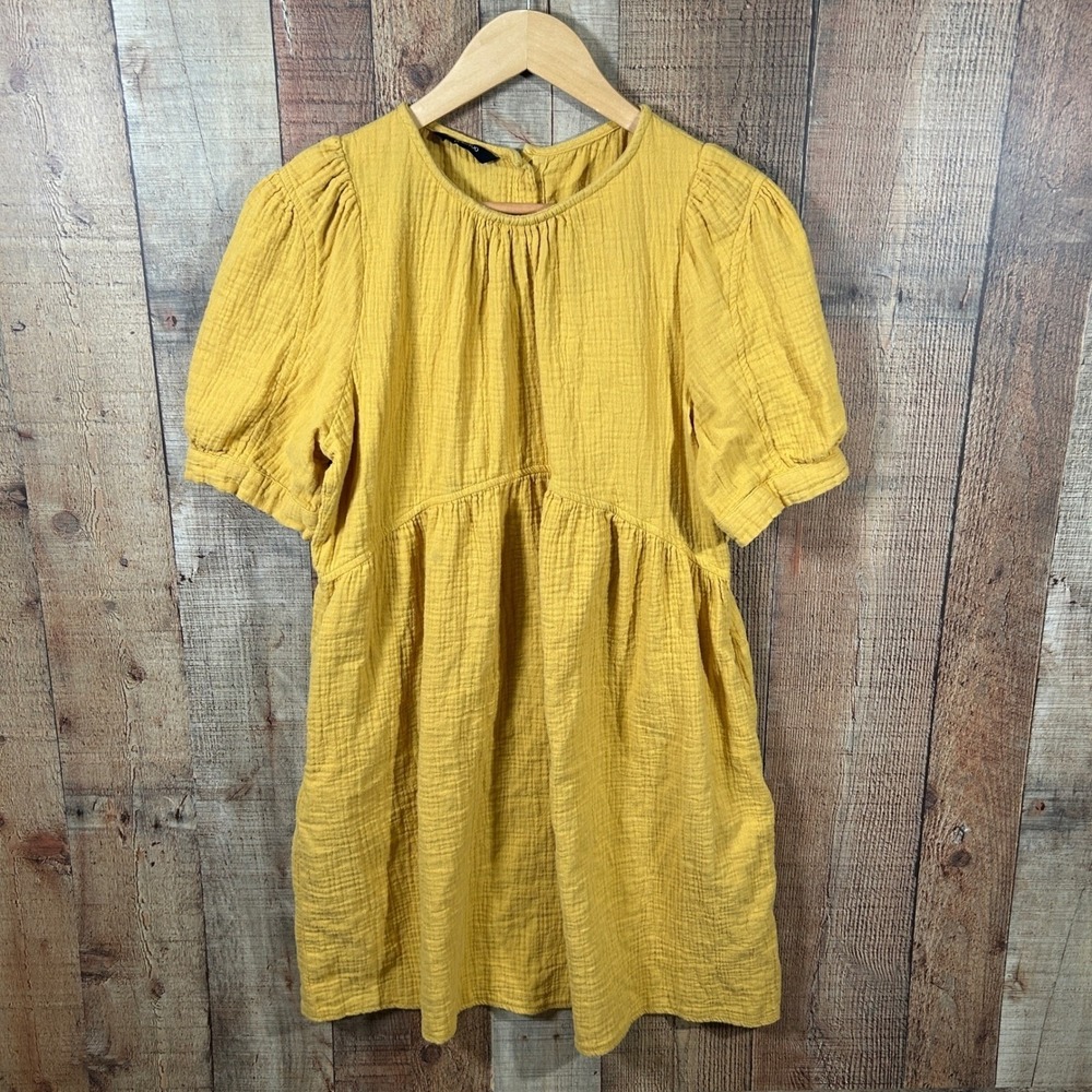 Dokotoo Gauze Babydoll Dress Large Mustard Yellow Puff Sleeve Cottagecore